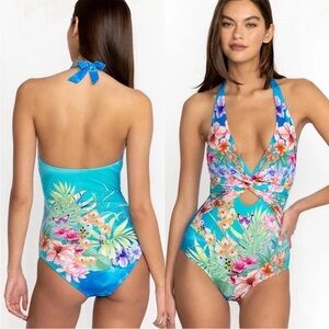 NWT Johnny Was Womens Twist Keyhole One Piece Swimsuit Size MED Colorful Floral.